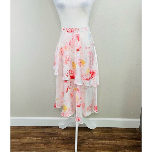 BCBGMaxAzria Asymmetric Tiered Satin Multi Pink White Marbled Midi Skirt Medium - Picture 13 of 13